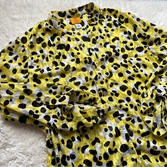 Ruby Rd. Sheer Yellow and Black Leopard Print Button Down Blouse - Picture 1 of 11